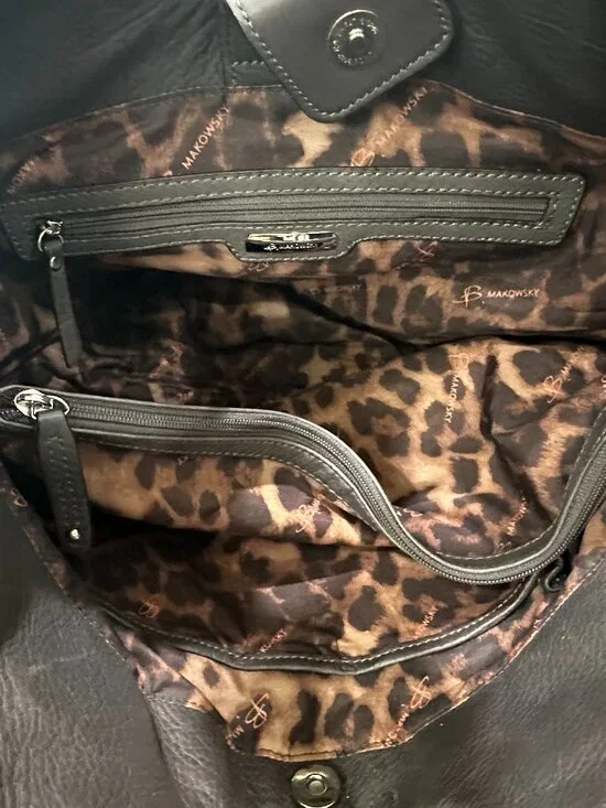 B. Makowsky Y2K Black Pebbled Leather Satchel Shoulder Bag Leopard Lining - Picture 8 of 9